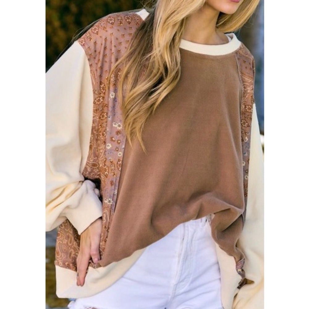 DAVI & DANI Plus Size Rust Cream Solid & Boho Print Oversized Pullover - Picture 2 of 9